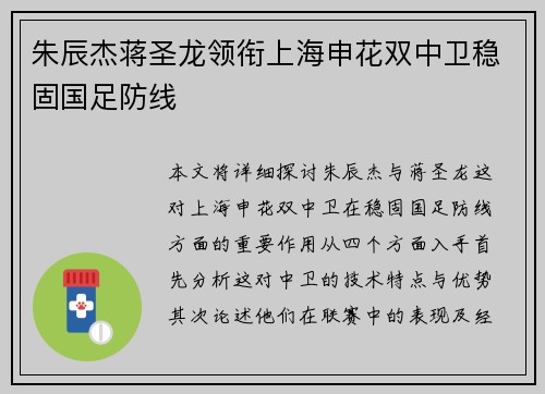 朱辰杰蒋圣龙领衔上海申花双中卫稳固国足防线